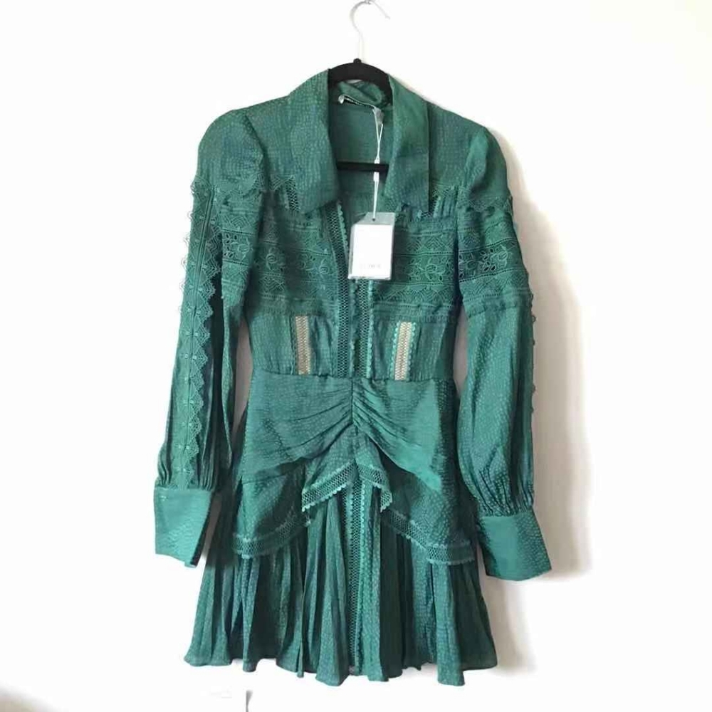 GREEN JACQUARD LACE TRIMMED MINI DRESS size US0